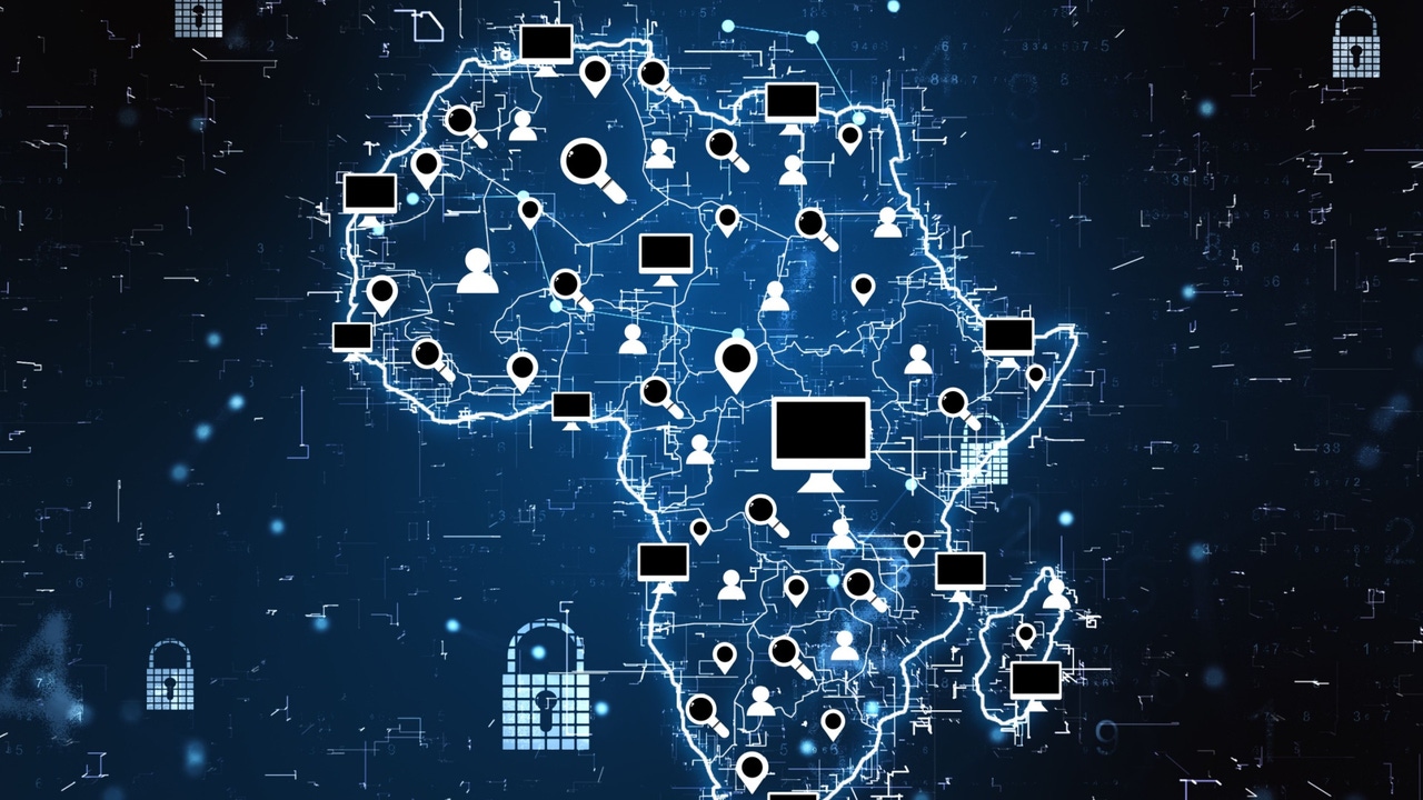 Cyberspace communication concept with digital Africa map, glowing social media icons, computer signs and locks at dark background