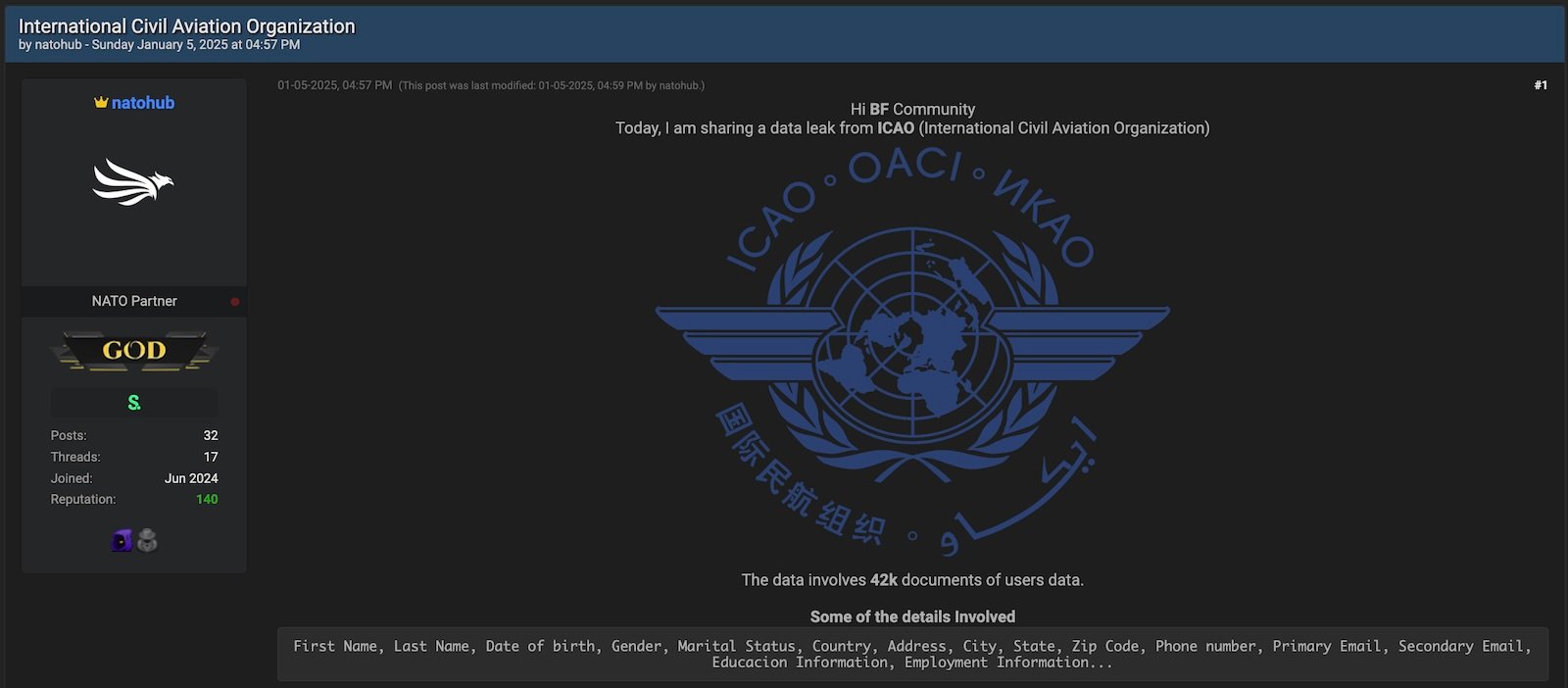 ICAO alleged data leak