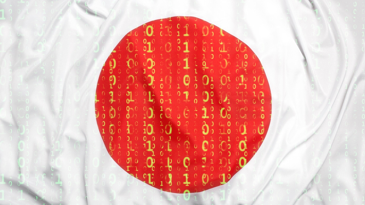 The Japanese flag overlaid with binary code 