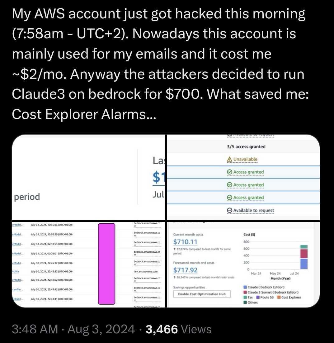 A tweet from someone whose AWS bill jumped 40,000% in just hours due to LLMjacking