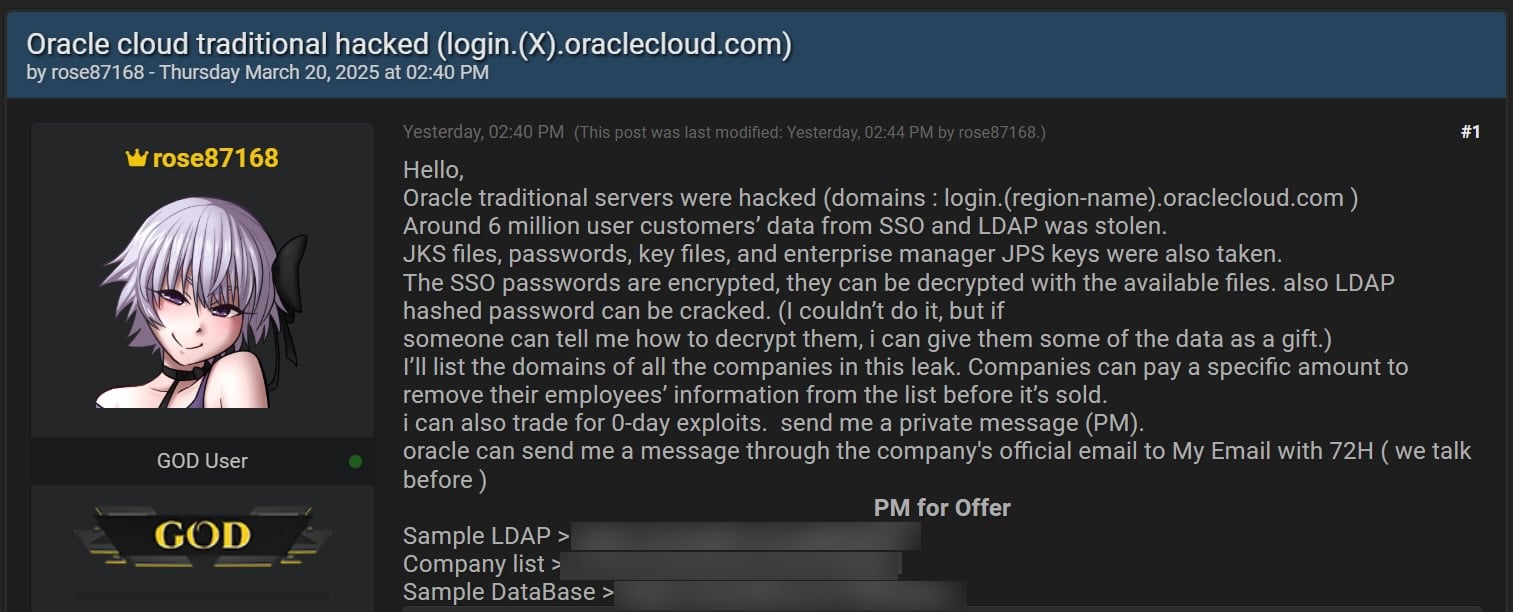 Selling allegedly stolen Oracle Cloud data